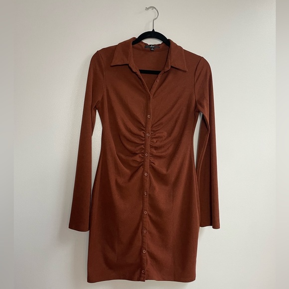 Lulus A Little Prep Rust Brown Button-Up Bodycon Mini Dress - Picture 5 of 8